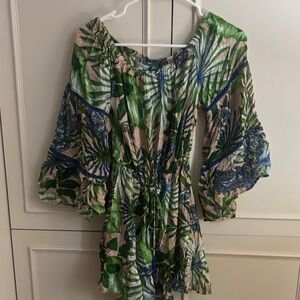 Blue Island Green and Blue Leaf Print Mini Dress